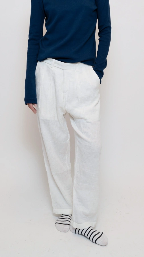 מכנסי טטרה מחויטים בגזרת בוי פרנד - לבן