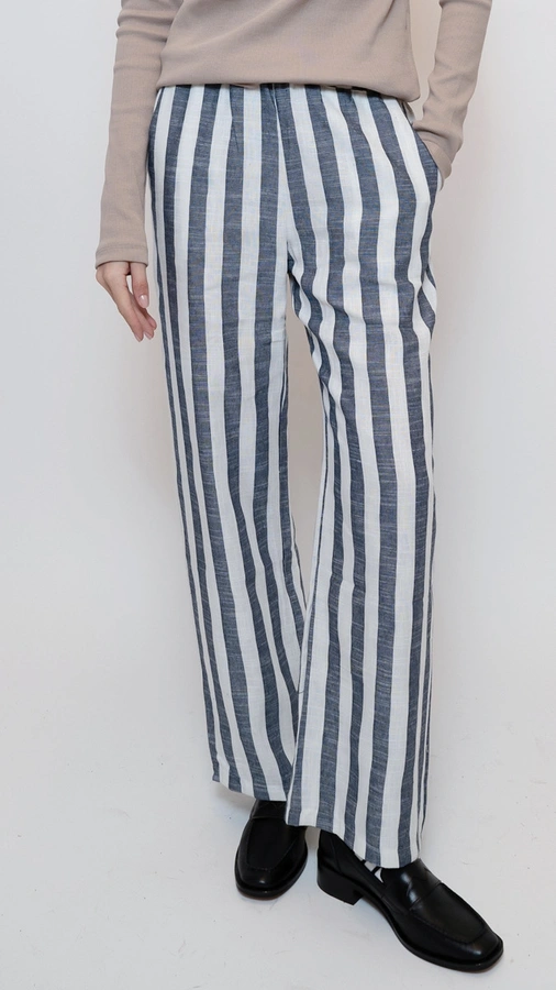 מכנסי פשתן פסים רחבים - נייבי - שושי