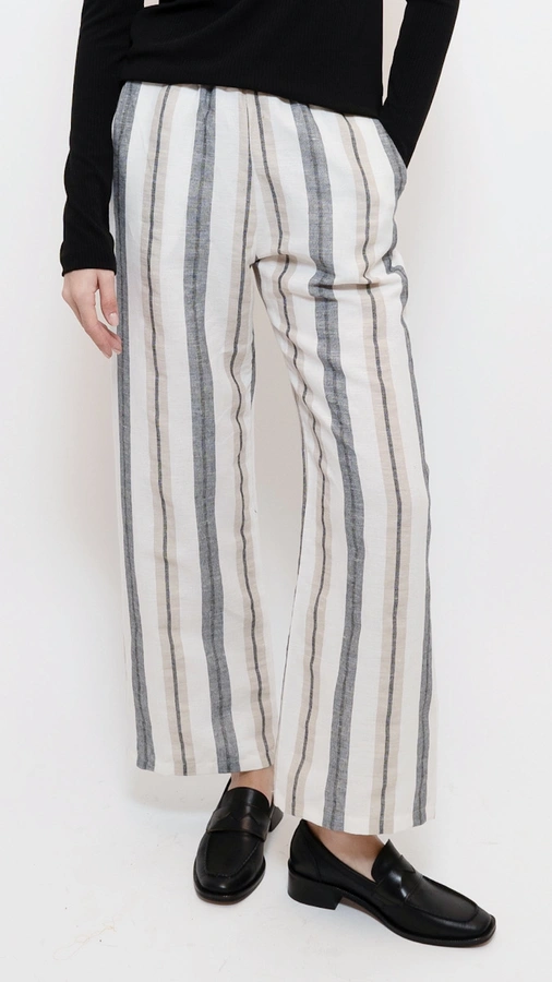 מכנסי פשתן - פסים אפור חום  - שושי