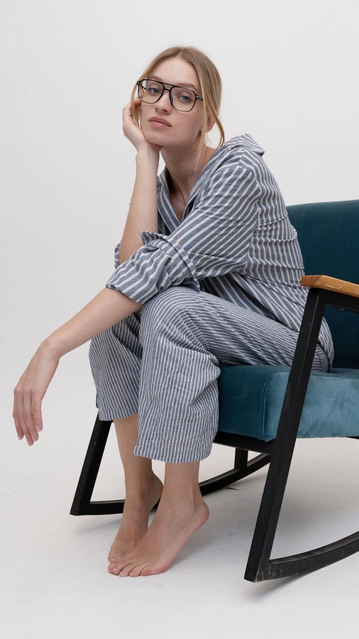 מכנסי פשתן פסים דקים - נייבי - שושי