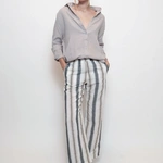 מכנסי פשתן - פסים אפור חום - שושי