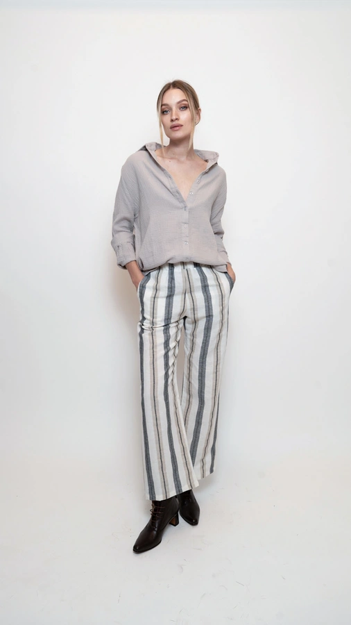 מכנסי פשתן - פסים אפור חום - שושי