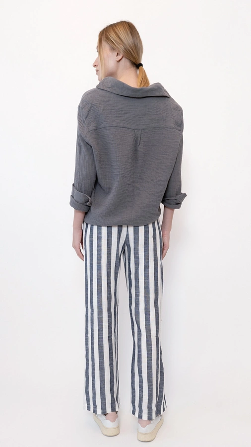 מכנסי פשתן פסים רחבים - נייבי - שושי