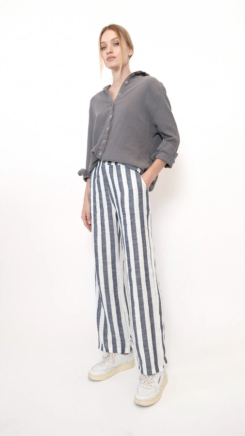 מכנסי פשתן פסים רחבים - נייבי - שושי