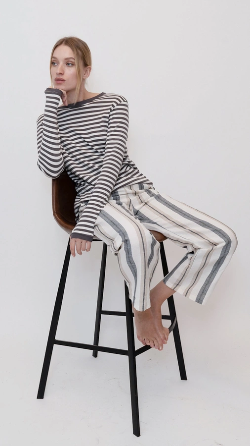 מכנסי פשתן - פסים אפור חום - שושי