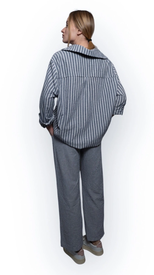 מכנסי פשתן פסים דקים - נייבי - שושי