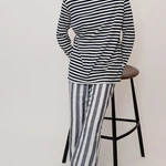 מכנסי פשתן פסים רחבים - נייבי - שושי