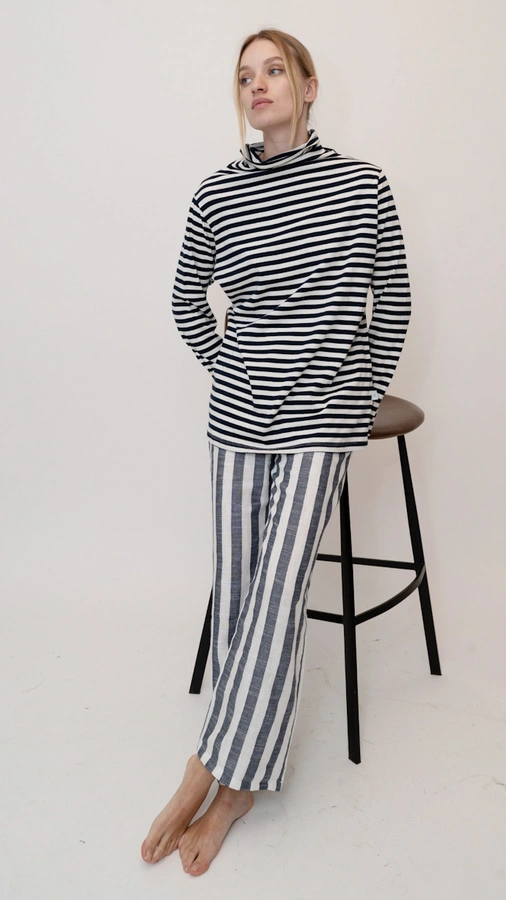 מכנסי פשתן פסים רחבים - נייבי - שושי