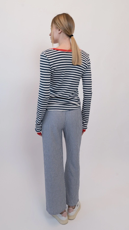 מכנסי פשתן פסים דקים - נייבי - שושי