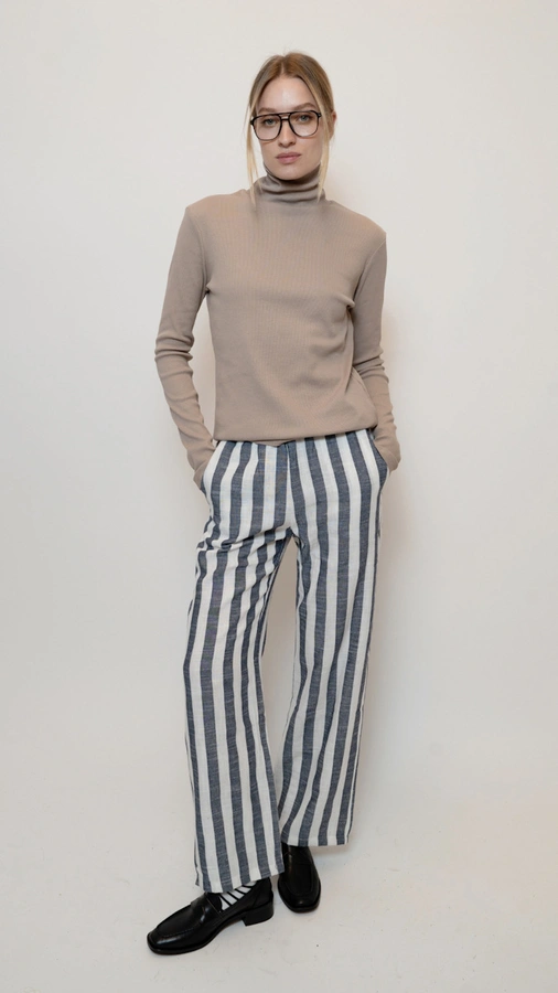 מכנסי פשתן פסים רחבים - נייבי - שושי