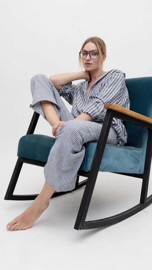 מכנסי פשתן פסים דקים - נייבי - שושי