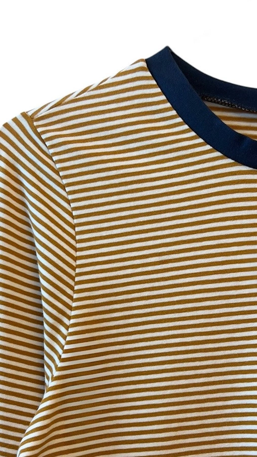 חולצת טי ארוכה – פסים דקים חרדל / נייבי - תותי