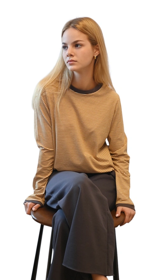 חולצת טי ארוכה – פסים דקים חרדל / פלדה - עידית