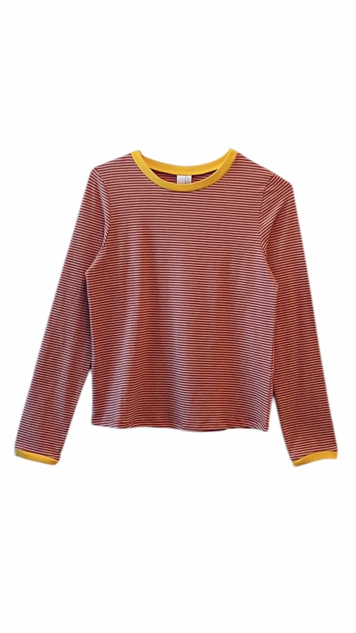 חולצת טי ארוכה – פסים דקים אדום / צהוב - תותי
