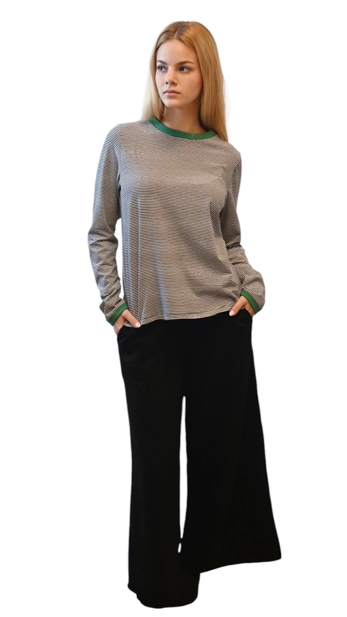 חולצת טי ארוכה – פסים דקים שחור / ירוק - תותי