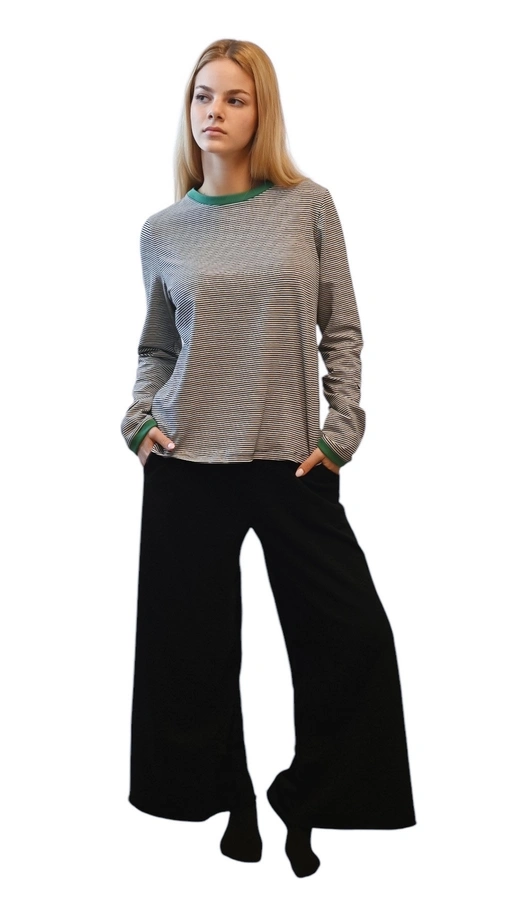 חולצת טי ארוכה – פסים דקים שחור / ירוק - עידית