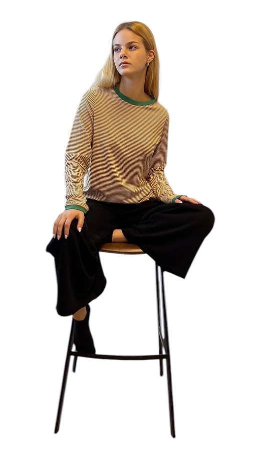 חולצת טי ארוכה – פסים דקים חרדל / ירוק - תותי