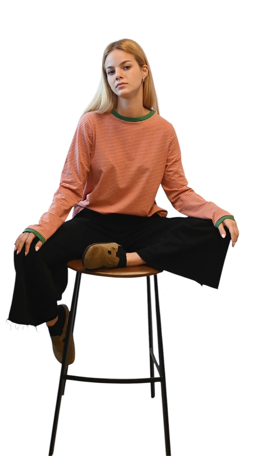 חולצת טי ארוכה – פסים דקים אדום / ירוק - תותי