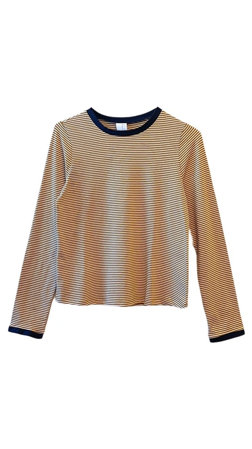 חולצת טי ארוכה – פסים דקים חרדל / נייבי - תותי