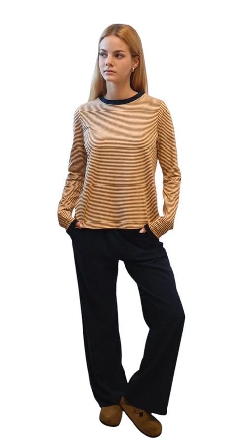 חולצת טי ארוכה – פסים דקים חרדל / נייבי - תותי