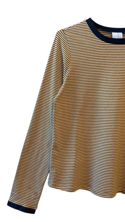 חולצת טי ארוכה – פסים דקים חרדל / נייבי - תותי