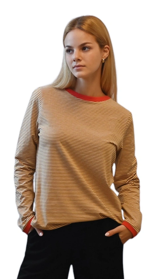 חולצת טי ארוכה – פסים דקים חרדל / אדום - תותי