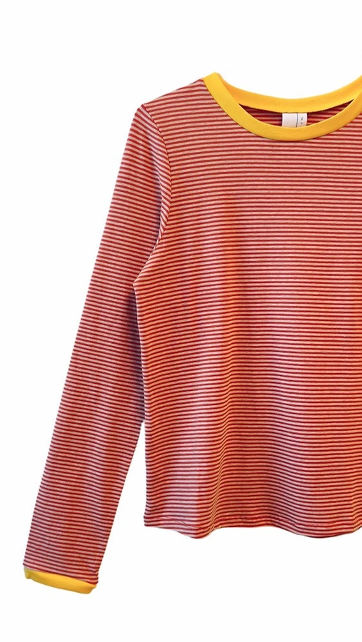 חולצת טי ארוכה – פסים דקים אדום / צהוב - תותי