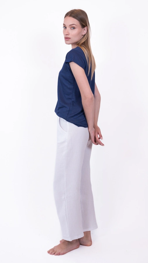 חולצת סריג דמוי פשתן - מפתח וי - כחול - איה