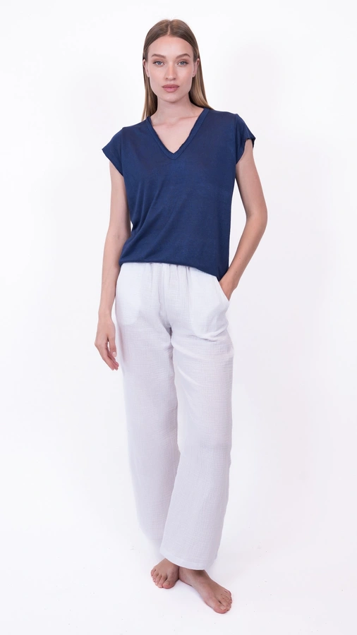 חולצת סריג דמוי פשתן - מפתח וי - כחול - איה