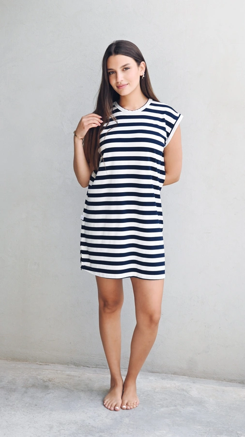 שמלת טוניקה מיני פסים נייבי - שחף