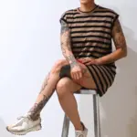 שמלת טוניקה מיני פסים שחור / מוקה - שחף