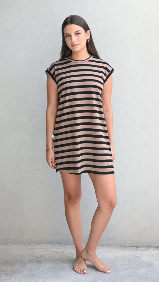 שמלת טוניקה מיני פסים שחור / מוקה - שחף