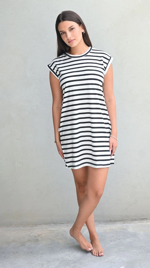 שמלת טוניקה מיני פסים שחורים - שחף