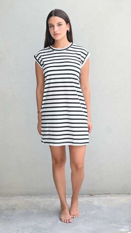 שמלת טוניקה מיני פסים שחורים - שחף