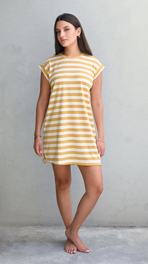שמלת טוניקה מיני פסים שמנת / חרדל - שחף