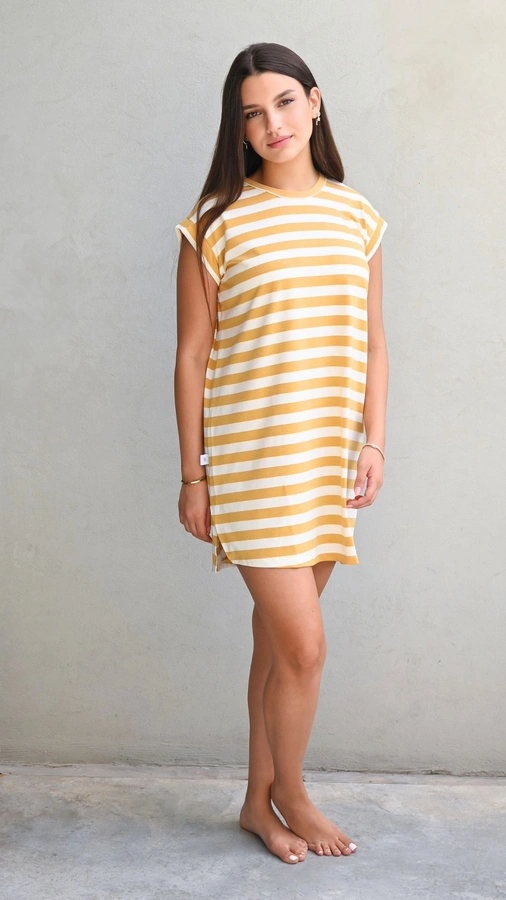 שמלת טוניקה מיני פסים שמנת / חרדל - שחף