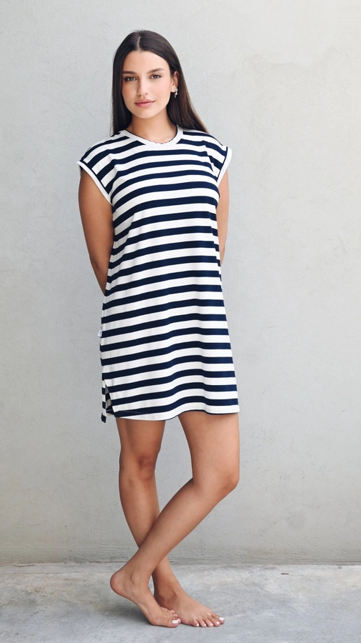 שמלת טוניקה מיני פסים נייבי - שחף