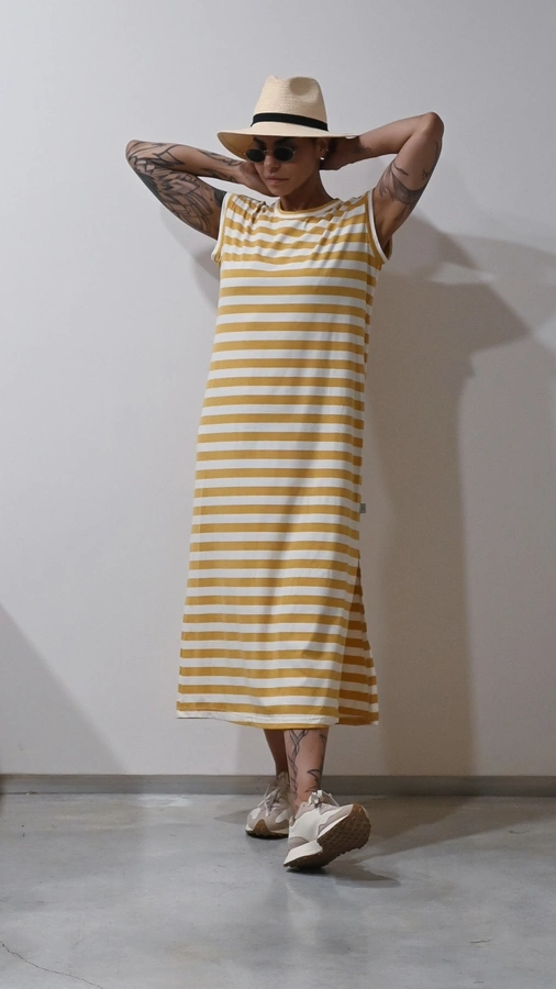 שמלת שחף ארוכה פסים - שמנת/חרדל