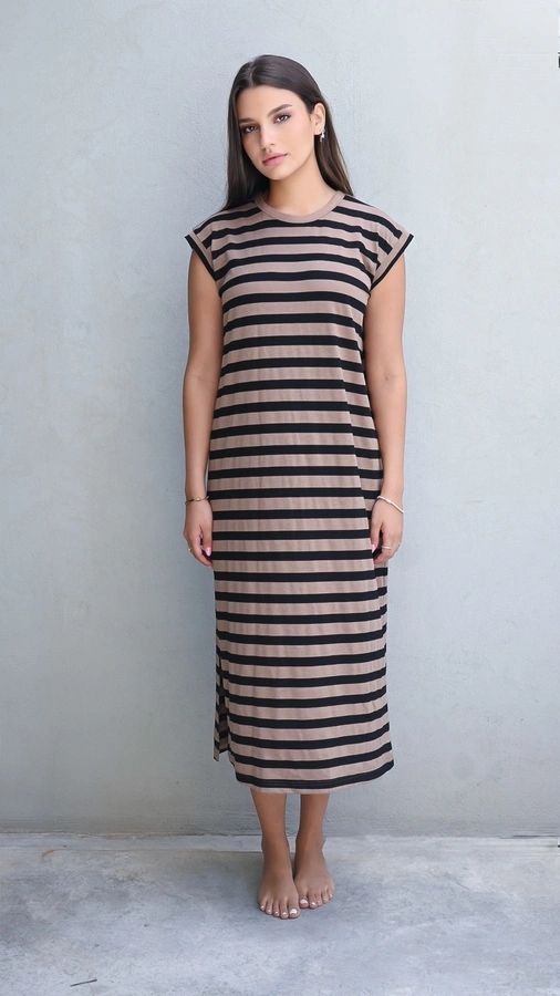 שמלת שחף ארוכה - פסים שחור/מוקה