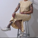 שמלת שחף ארוכה פסים - שמנת/חרדל