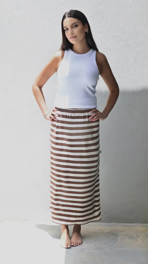 חצאית פסים - שמנת/מוקה