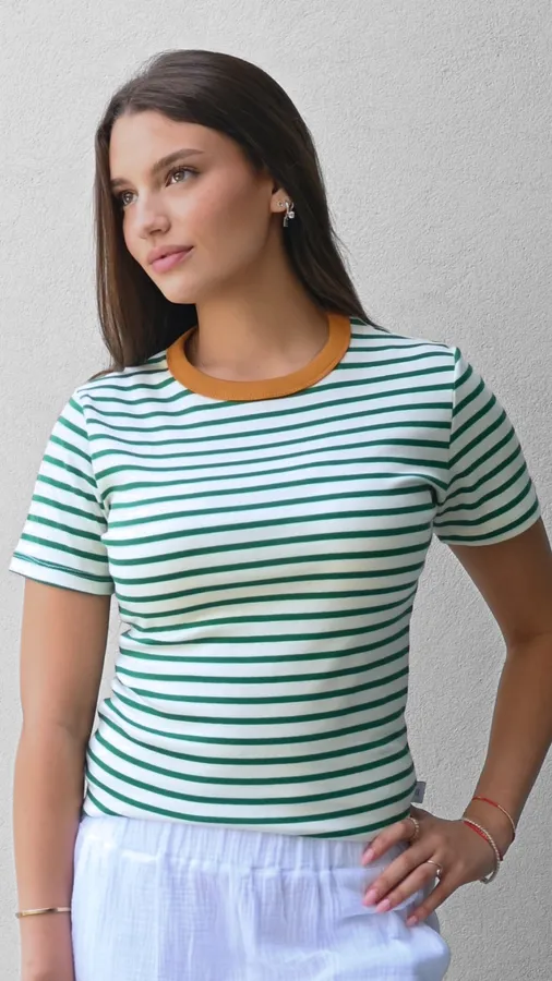 חולצת פסים - ירוק/חרדל - לין