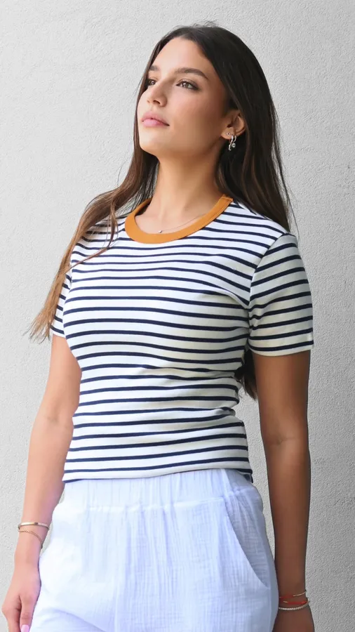 חולצת פסים - נייבי/חרדל - לין