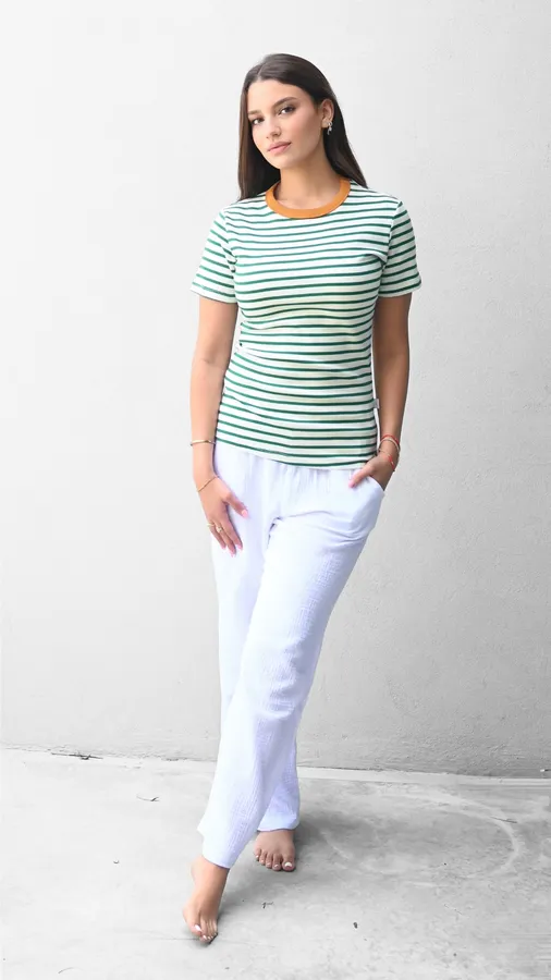 חולצת פסים - ירוק/חרדל - לין