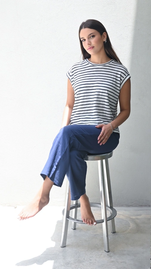 חולצה ללא שרוול - שחף - שקפקף פסים נייבי