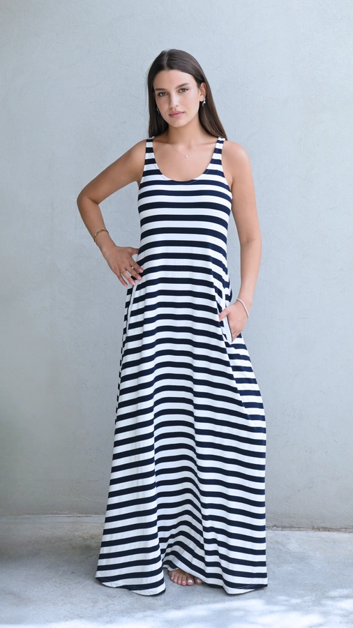 שמלת גופייה מקסי - פסים נייבי - דני