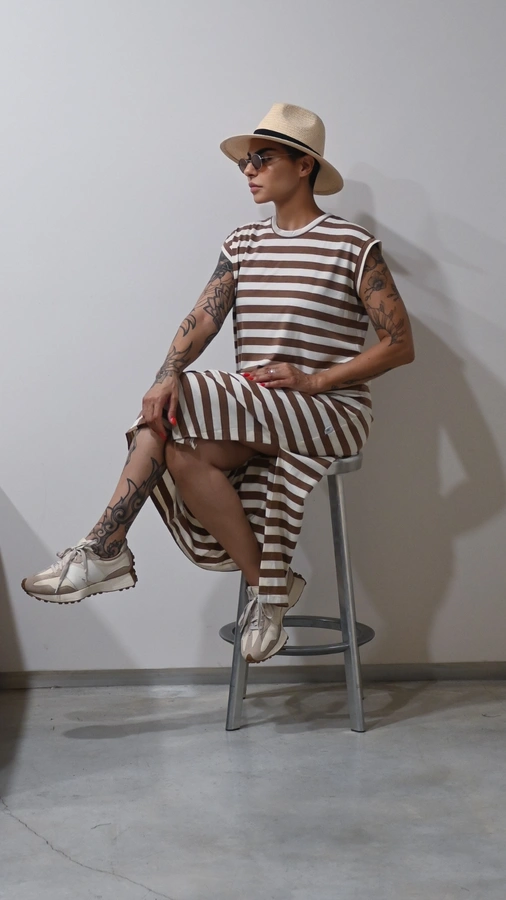 שמלת שחף ארוכה - פסים שמנת/קפה