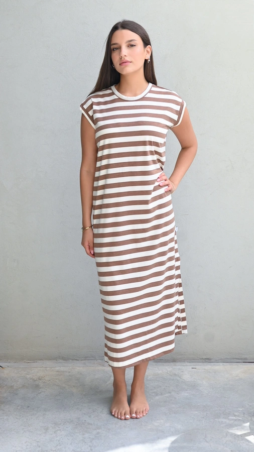 שמלת שחף ארוכה - פסים שמנת/קפה