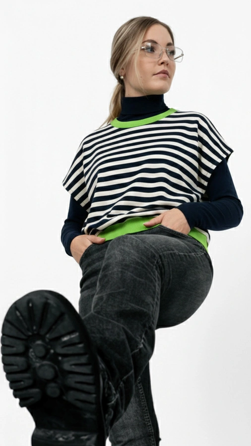 חולצת ג׳יין ללא שרוול - פסים שחור/ירוק ניאון