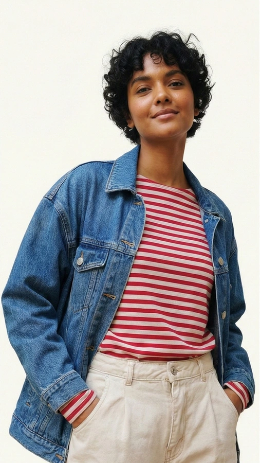 חולצת טי כתף שמוטה - פסים אדום - מרני